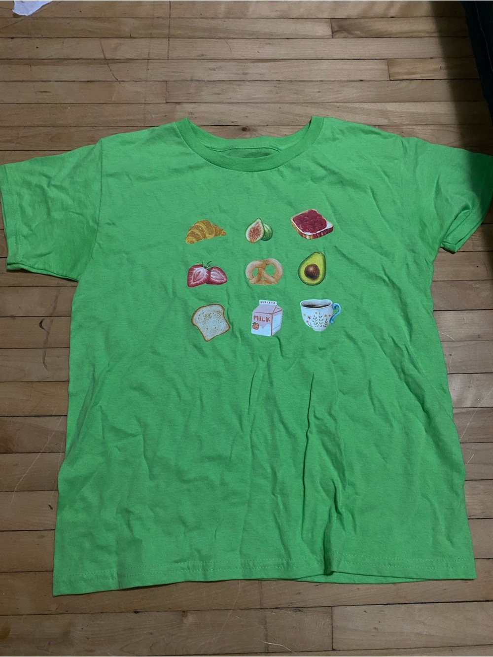 Bright Green Women's Short Sleeve Graphic Tee with Breakfast Icons